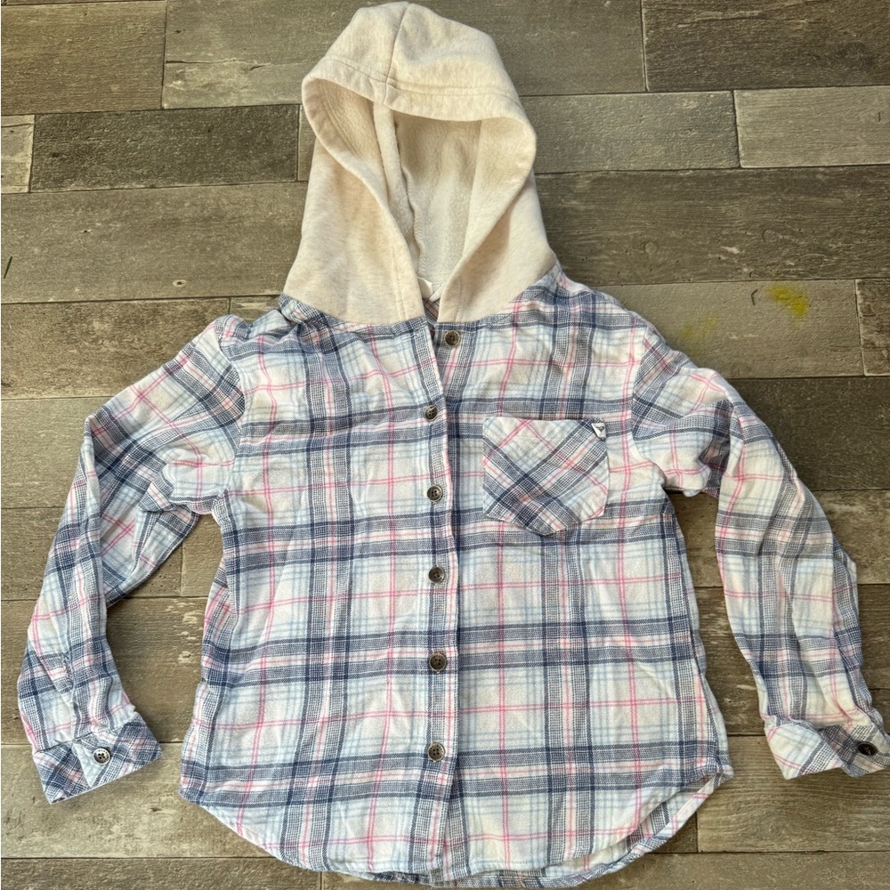 Roxy Plaid cream Hooded Kids flannel Shirt long sleeve button up camping hiking